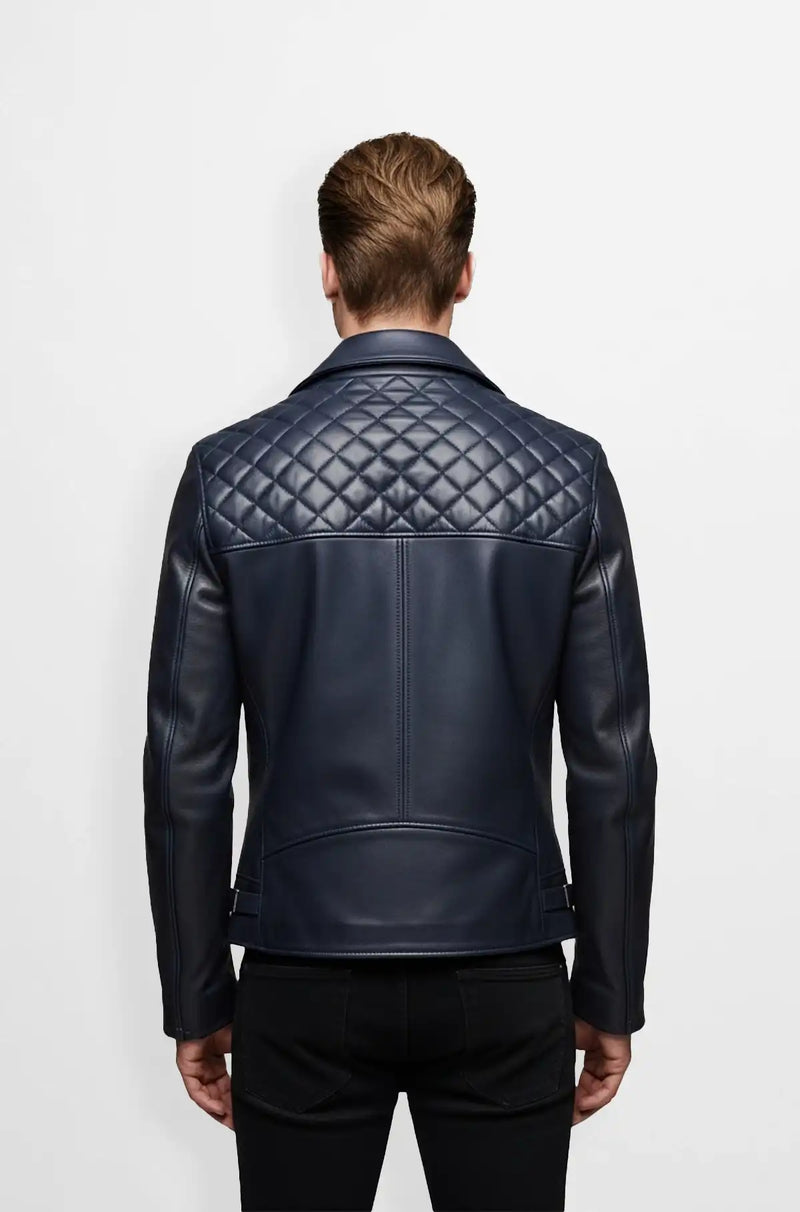 Navy Blue Quilted Leather Biker Jacket