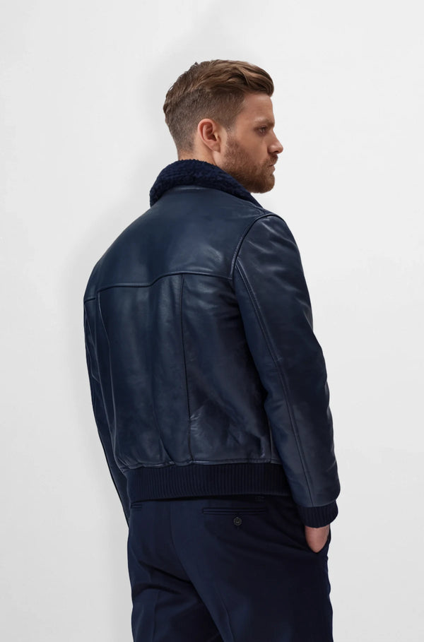 Navy Blue Shearling Leather Bomber Jacket Back view