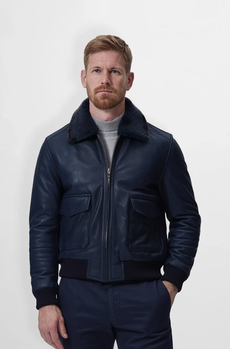 Navy Blue Shearling Leather Bomber Jacket Front view