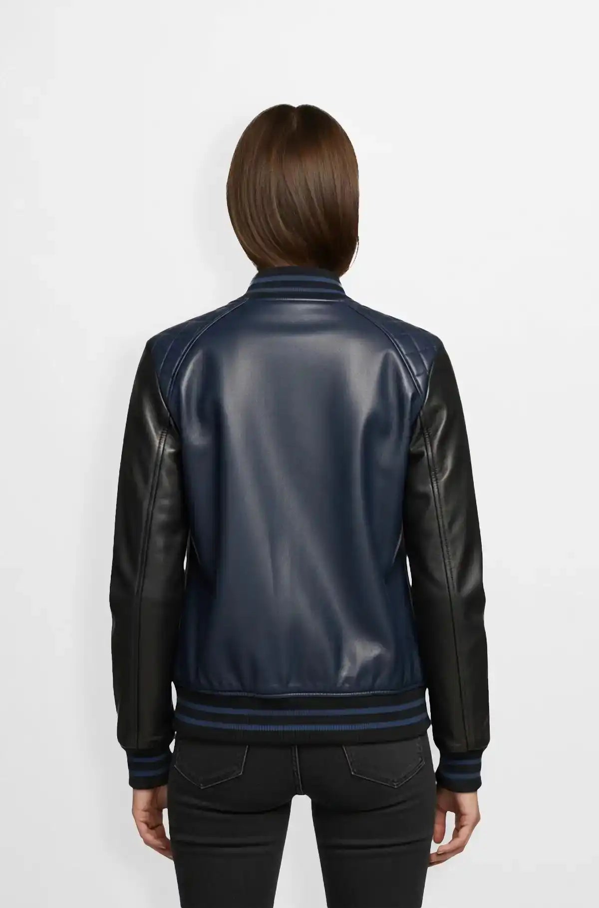 Navy Blue and Black Varsity Leather Jacket for Women