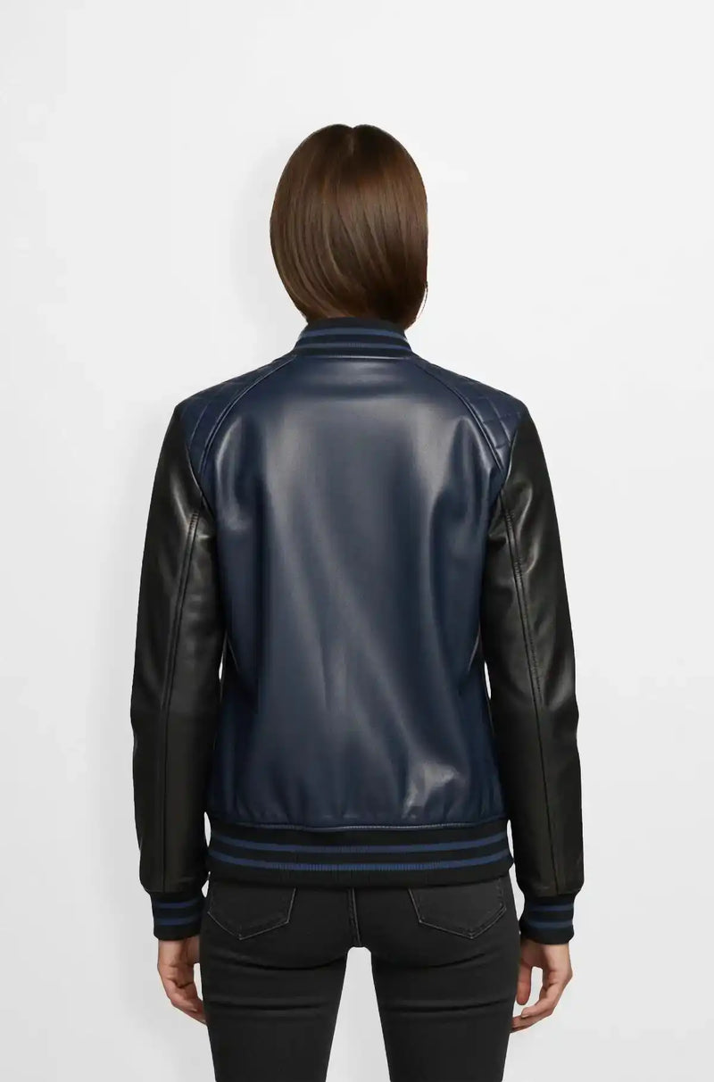 Navy Blue and Black Varsity Leather Jacket for Women