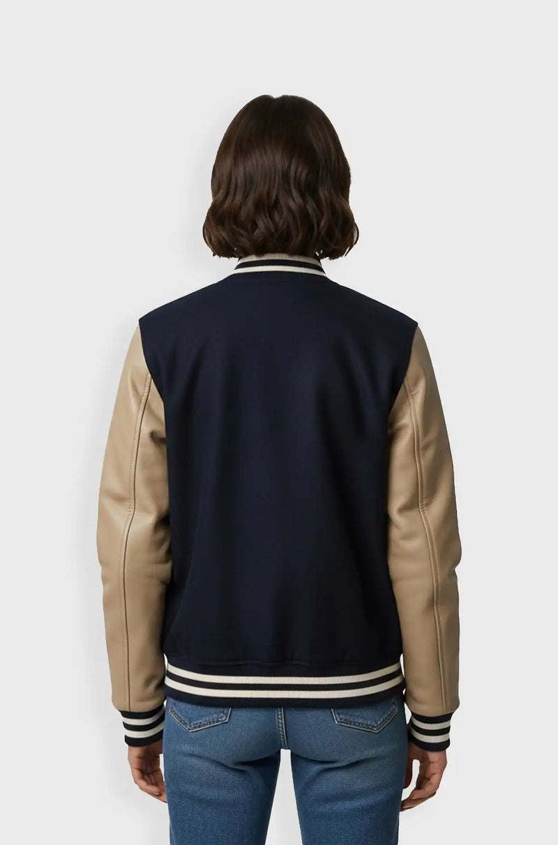 Navy Blue with Beige Leather Sleeves Varsity Leather Jacket