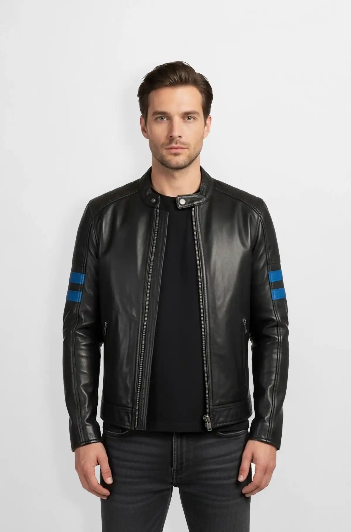 Nightbolt Classic Black Racer Leather Jacket front view