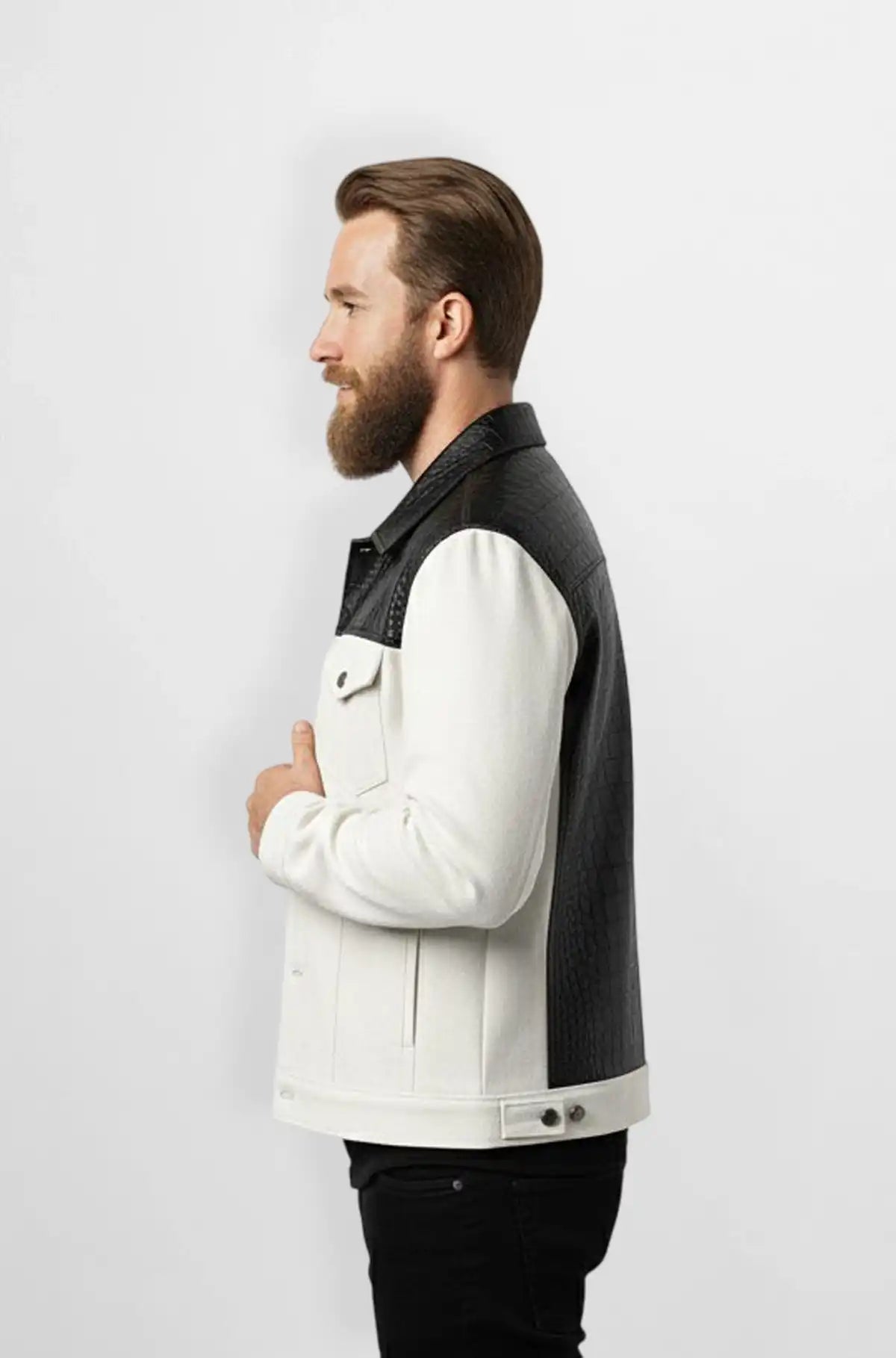 Off White Suede Leather Trucker Jacket Side view