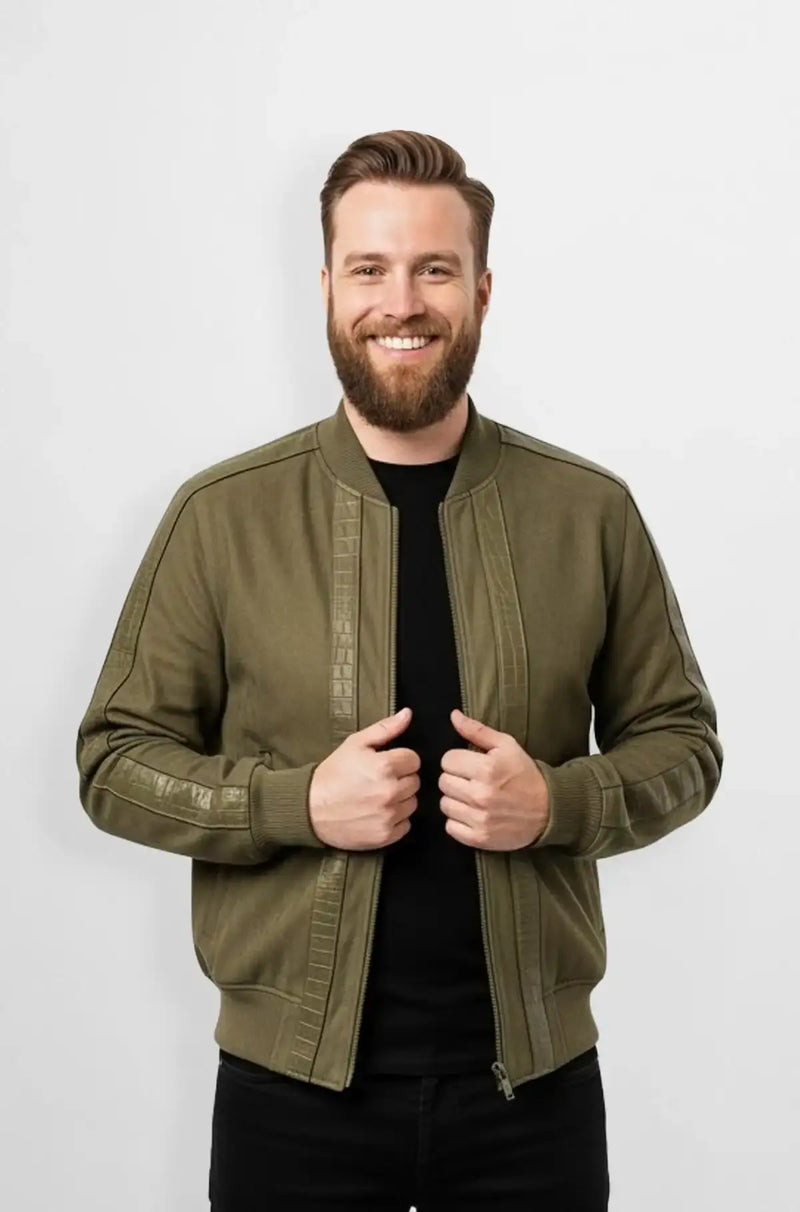 Olive Green Crocodile Suede Bomber Jacket Front view