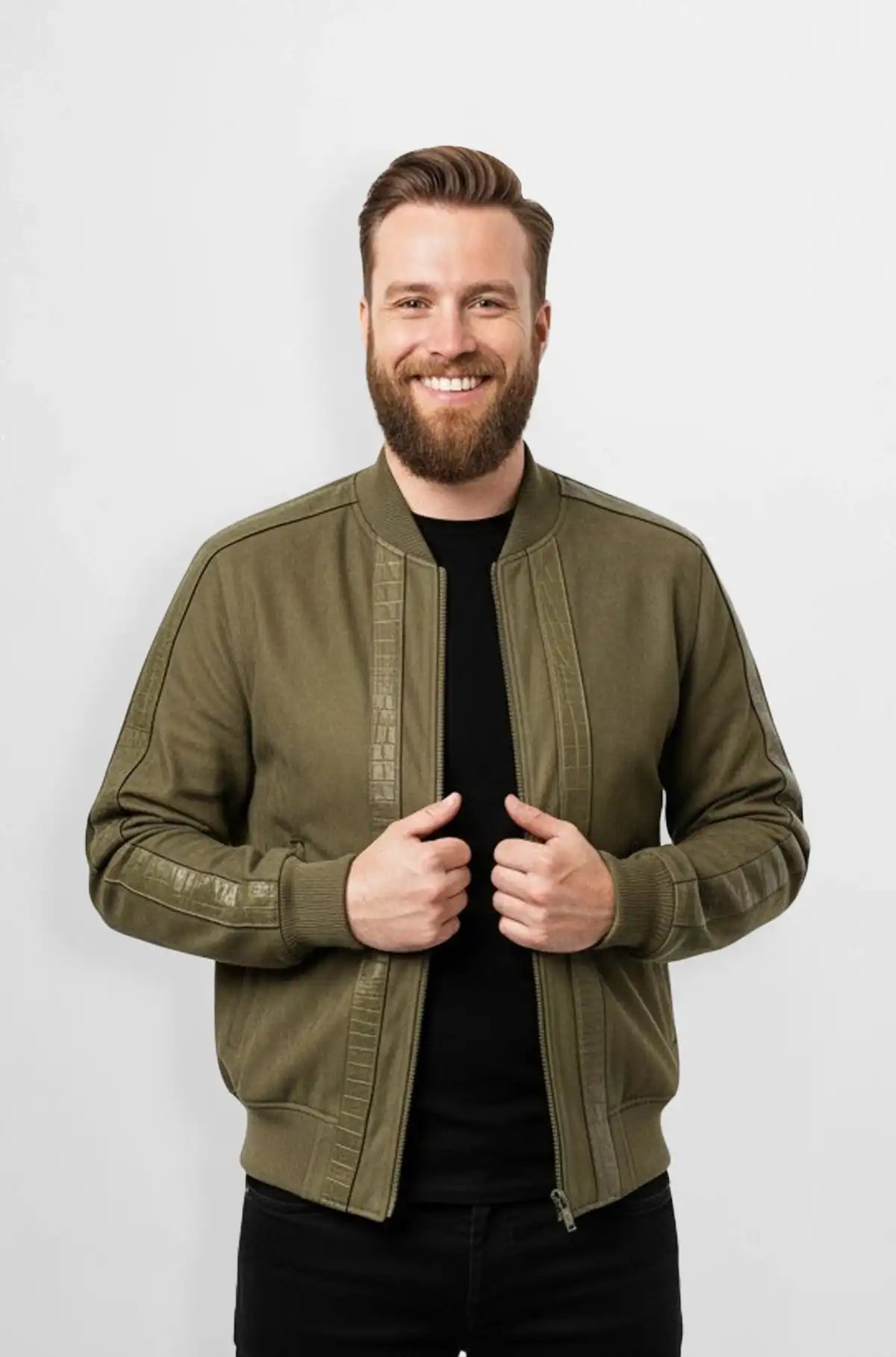 Olive Green Crocodile Suede Bomber Jacket Front view