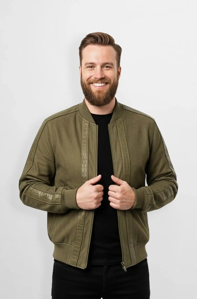 Olive Green Crocodile Suede Bomber Jacket Front view