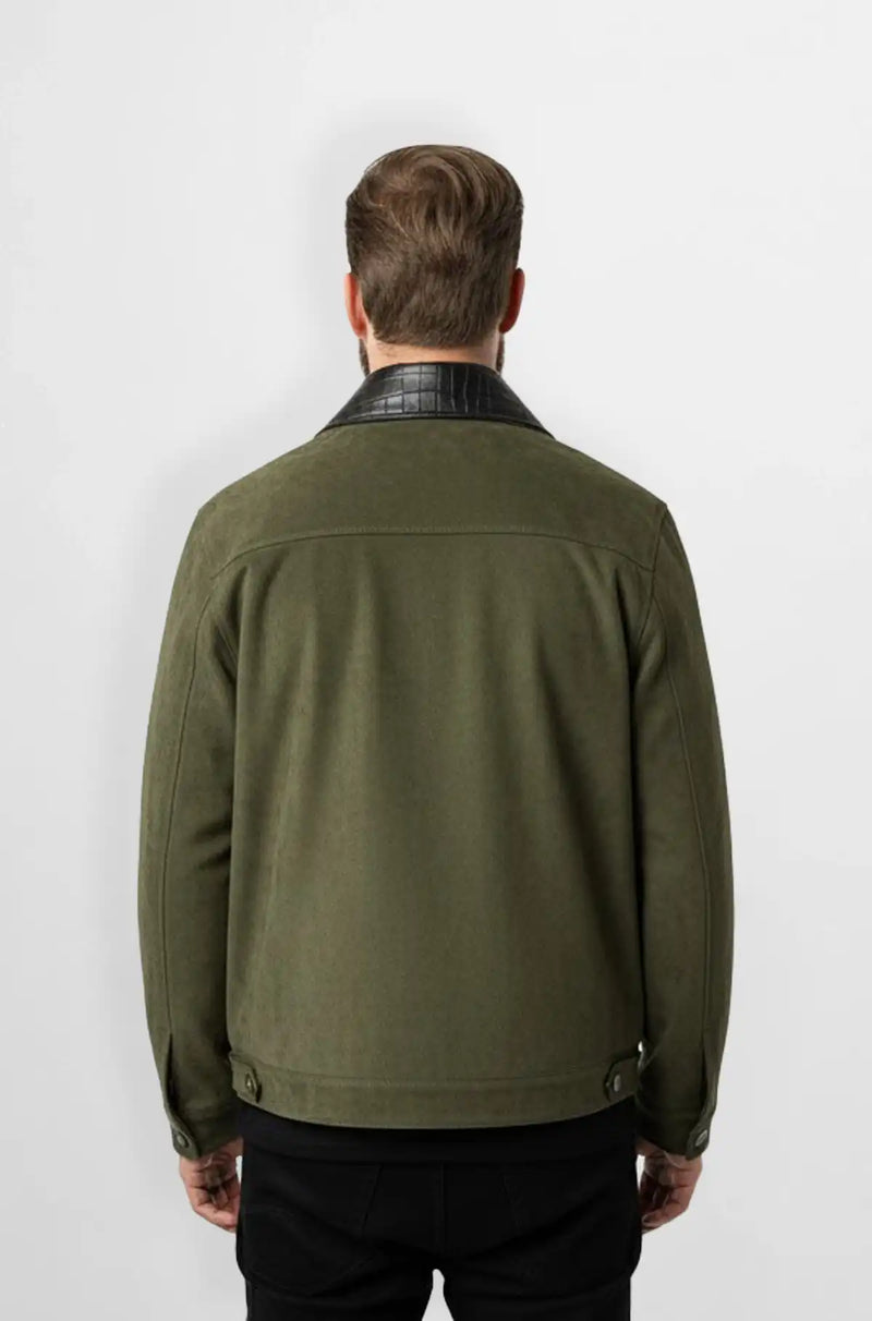 Olive Green Crocodile Suede Leather Trucker Jacket Back view