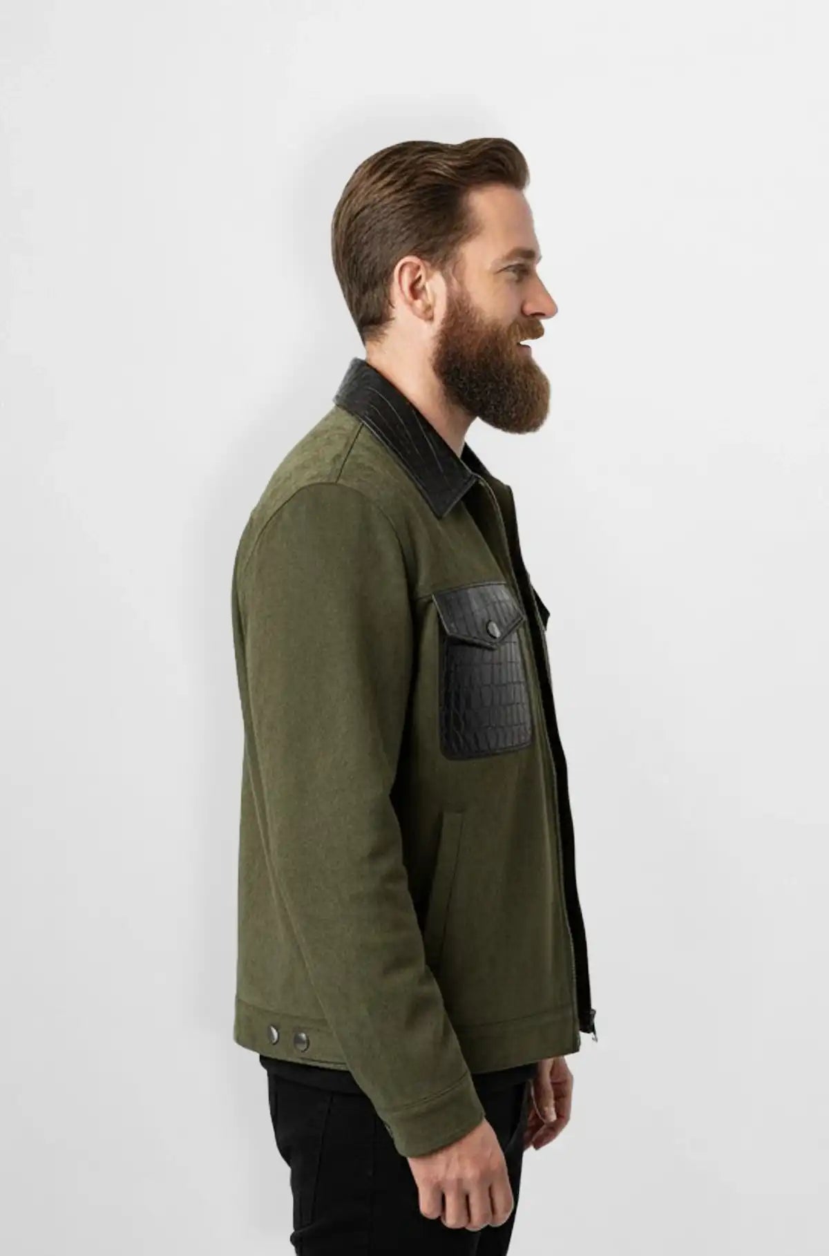 Olive Green Crocodile Suede Leather Trucker Jacket Side view
