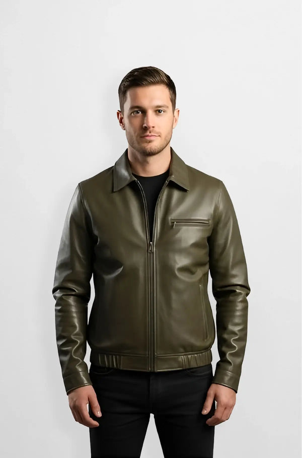 Olive Green Leather Jacket with Shirt Collar