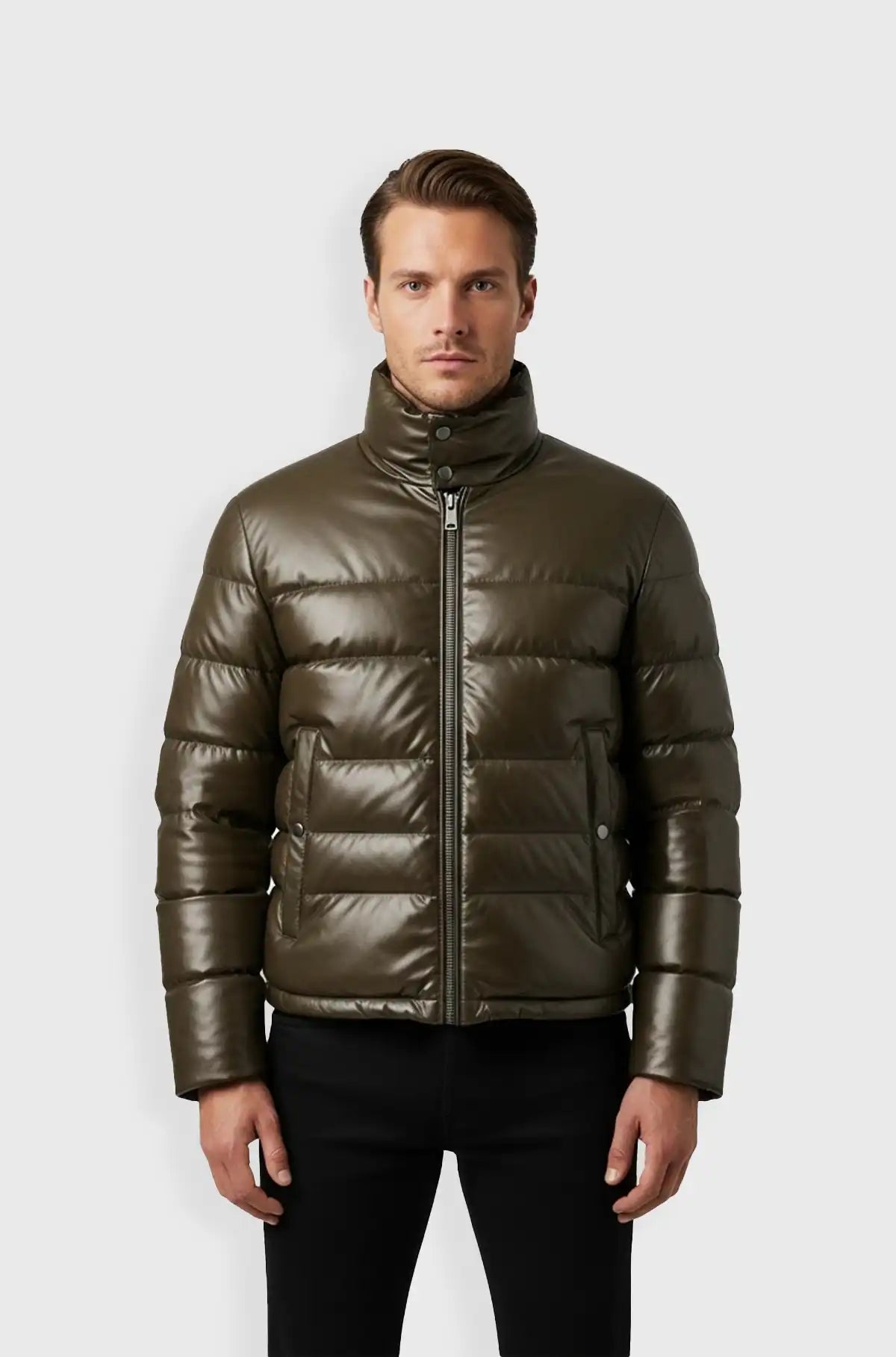 Olive Green Leather Puffer Jacket For Men
