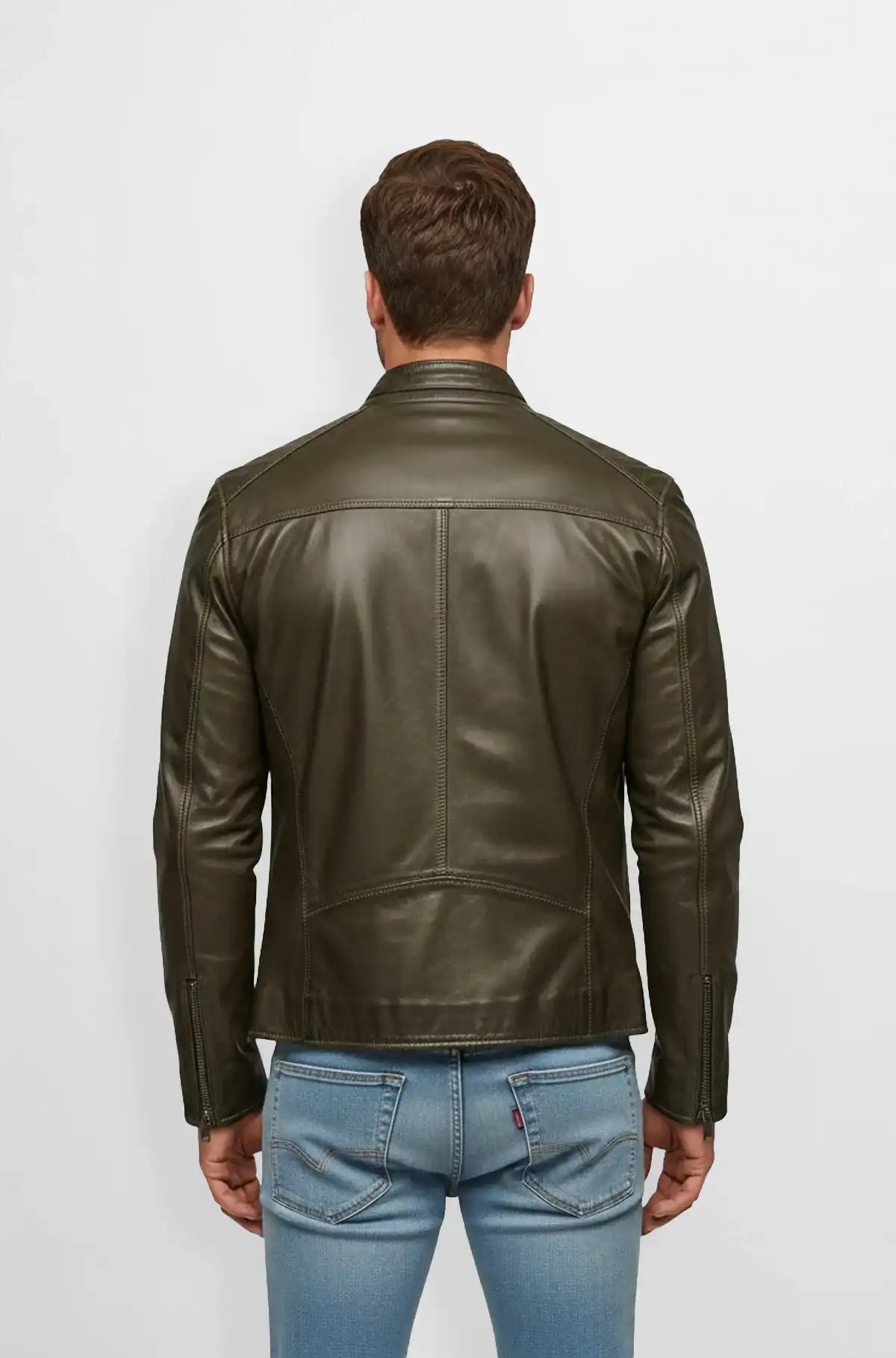 Olive Green Leather Racer Jacket Back view
