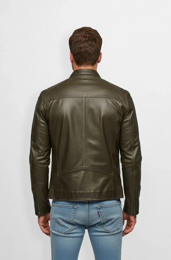 Olive Green Leather Racer Jacket Back view