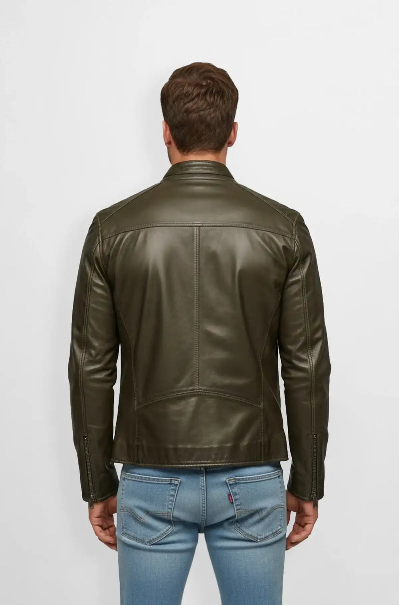 Olive Green Leather Racer Jacket Back view
