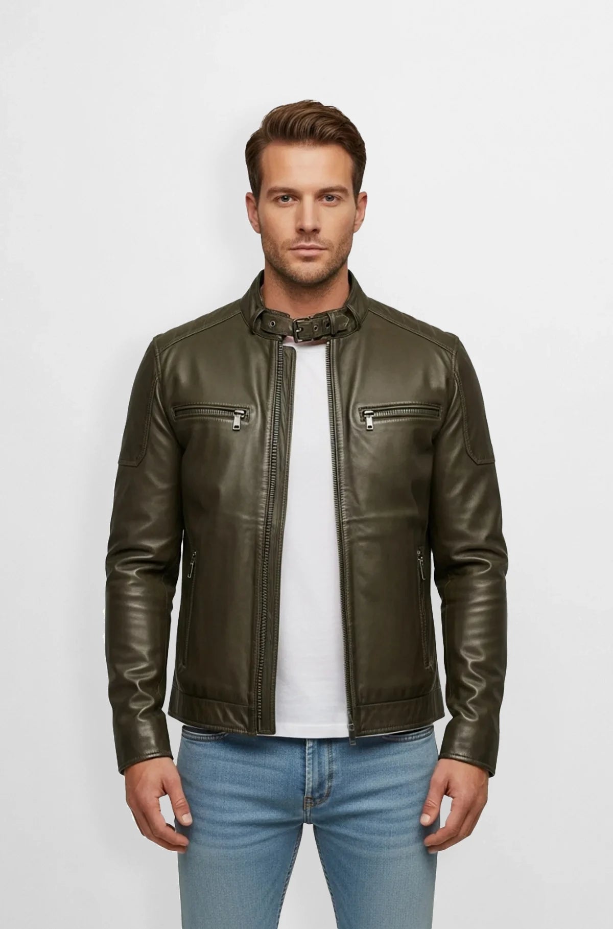 Olive Green Leather Racer Jacket Front view