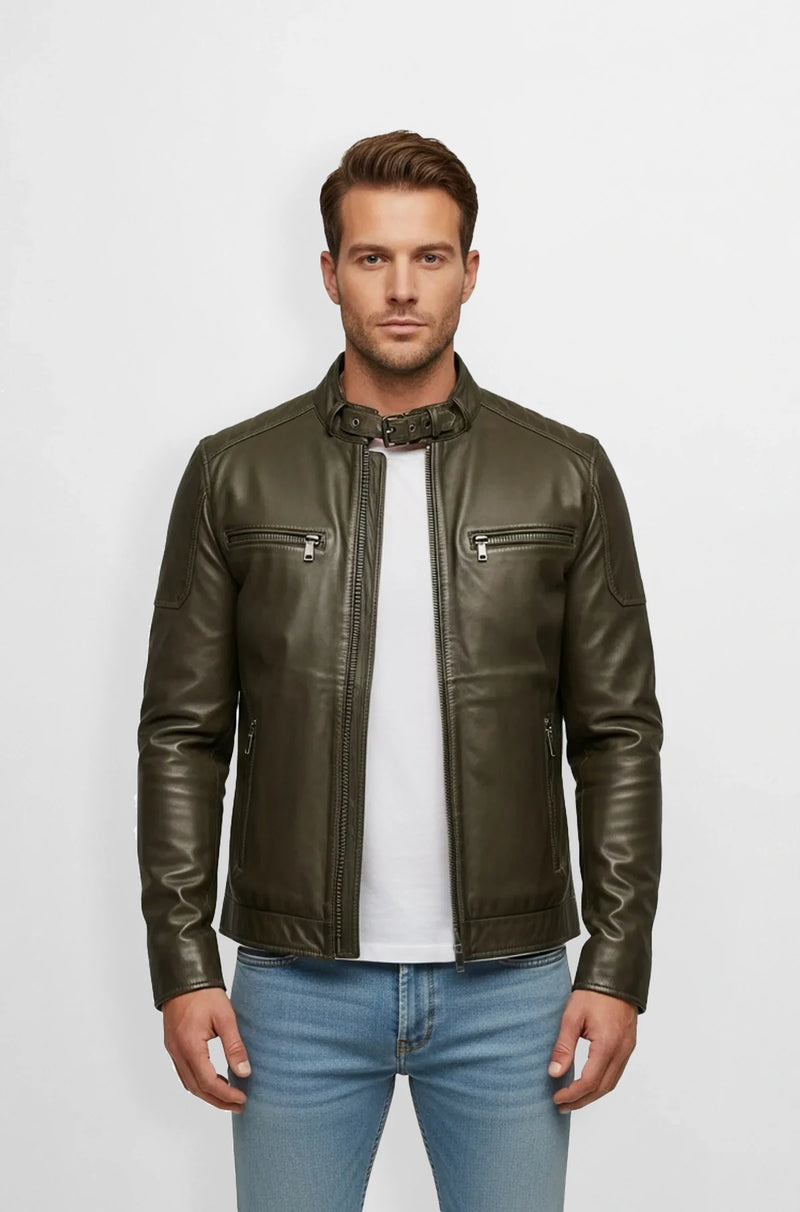 Olive Green Leather Racer Jacket Front view