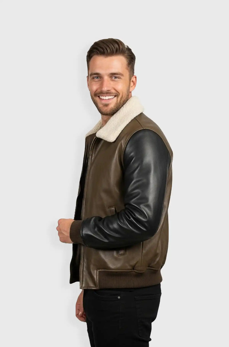 Olive Green Shearling Collar Leather Bomber Jacket