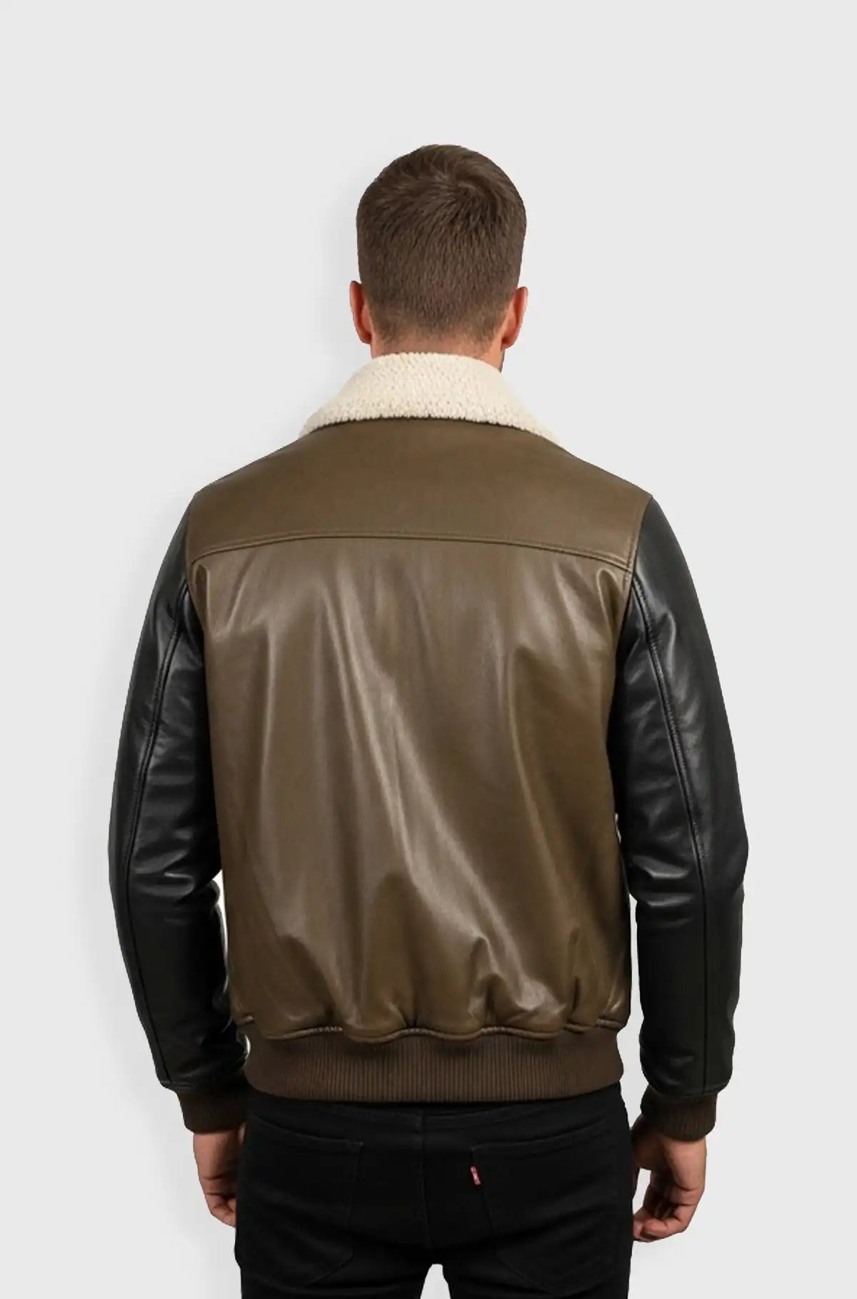 Olive Green Shearling Collar Leather Bomber Jacket