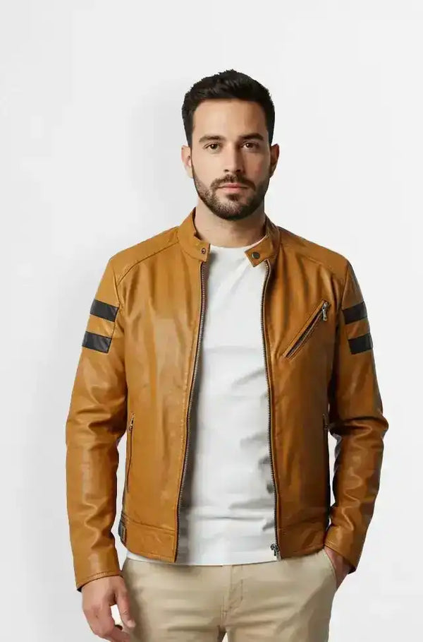 Orange Leather Racer Jacket Front view