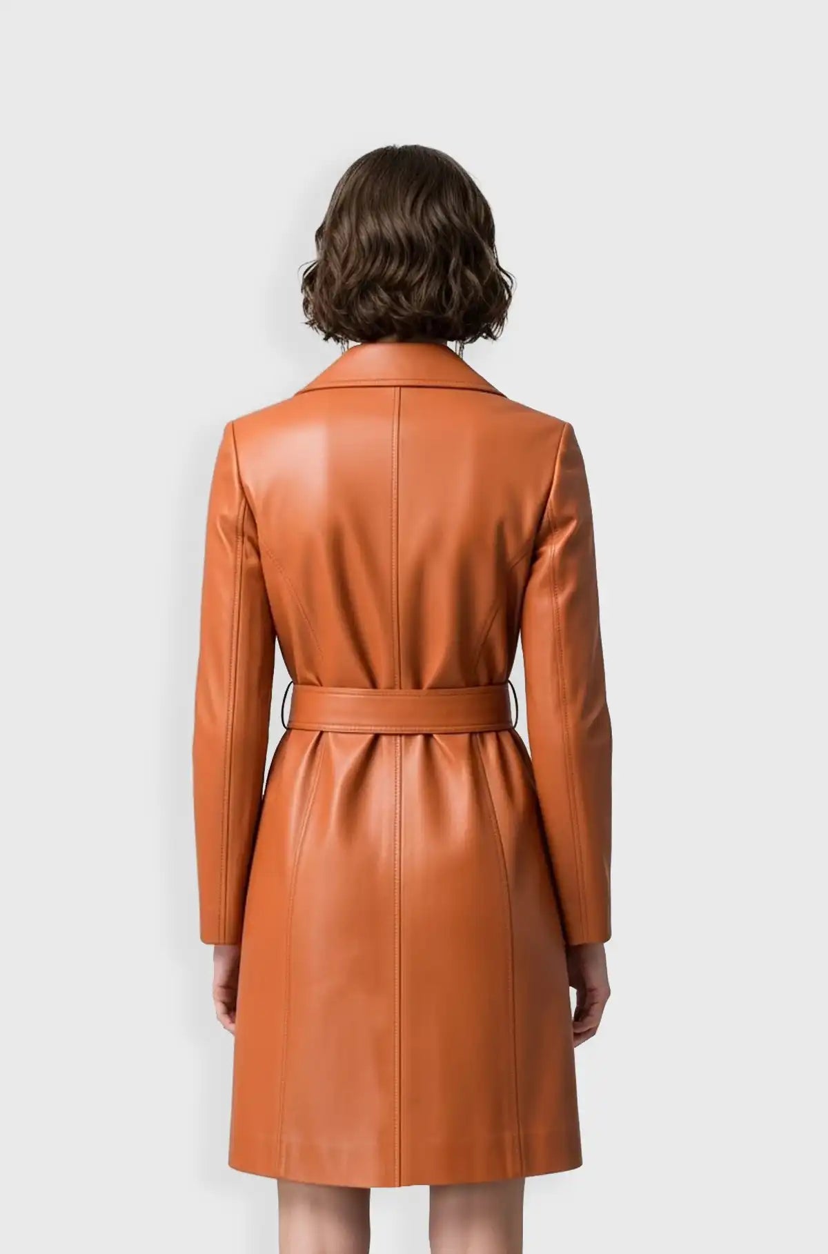Orange Leather Trench Coat For Women
