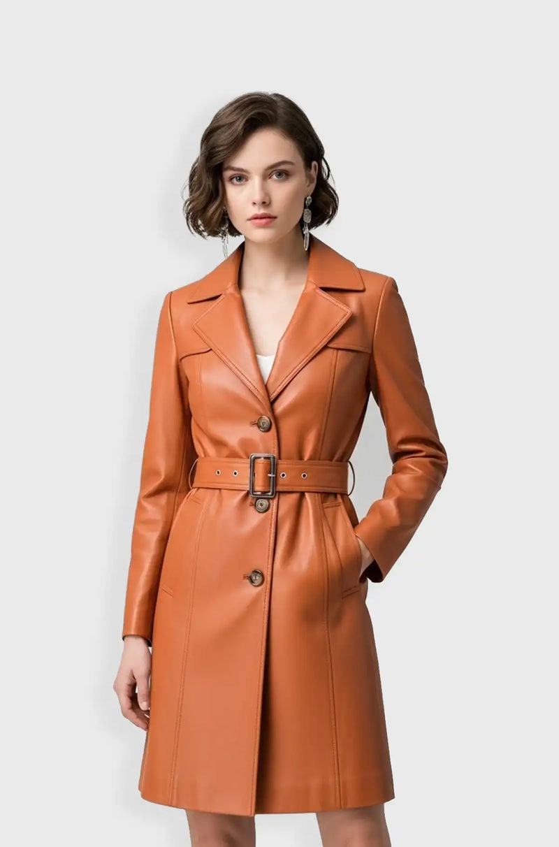 Orange Leather Trench Coat For Women