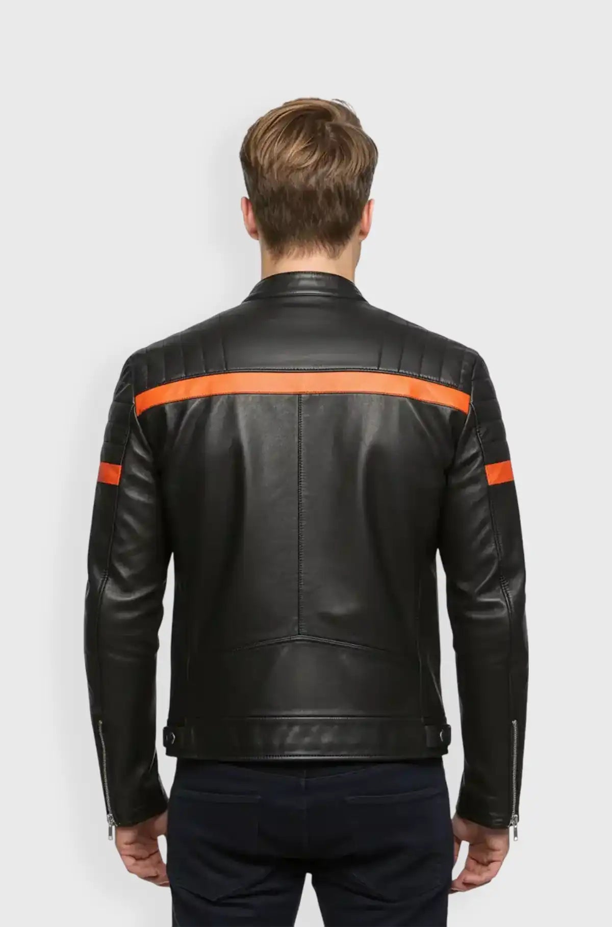 Orange Stripes Black Biker Leather Jacket Back view