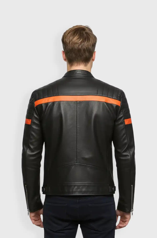 Orange Stripes Black Biker Leather Jacket Back view