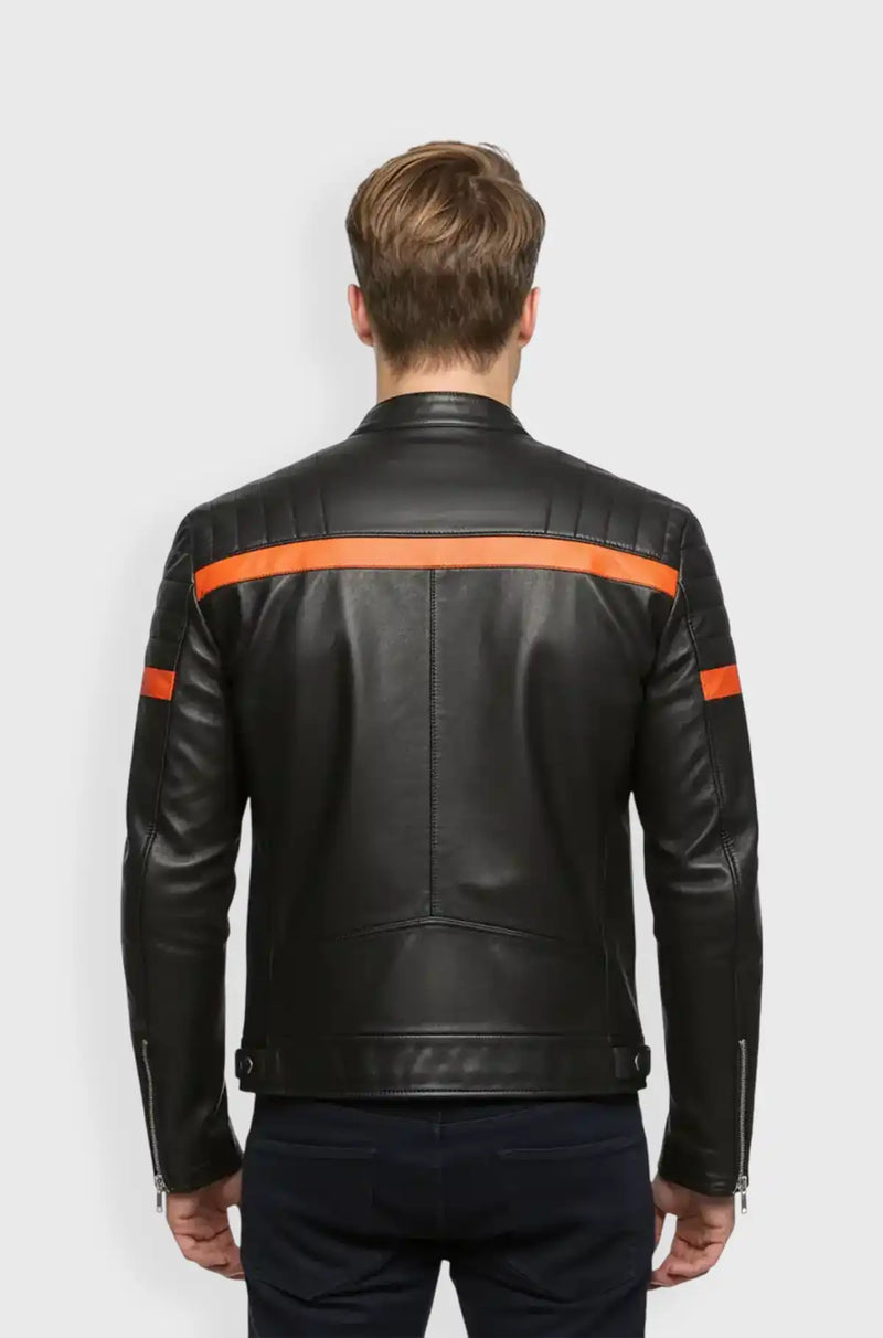 Orange Stripes Black Biker Leather Jacket Back view