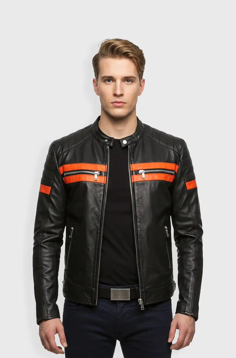 Orange Stripes Black Biker Leather Jacket Front view
