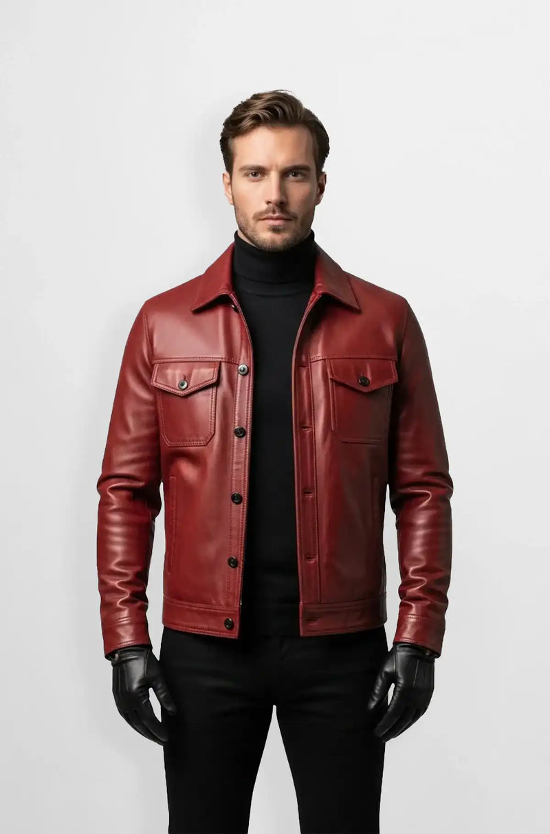 Oxblood Red Leather Bomber Jacket Front view