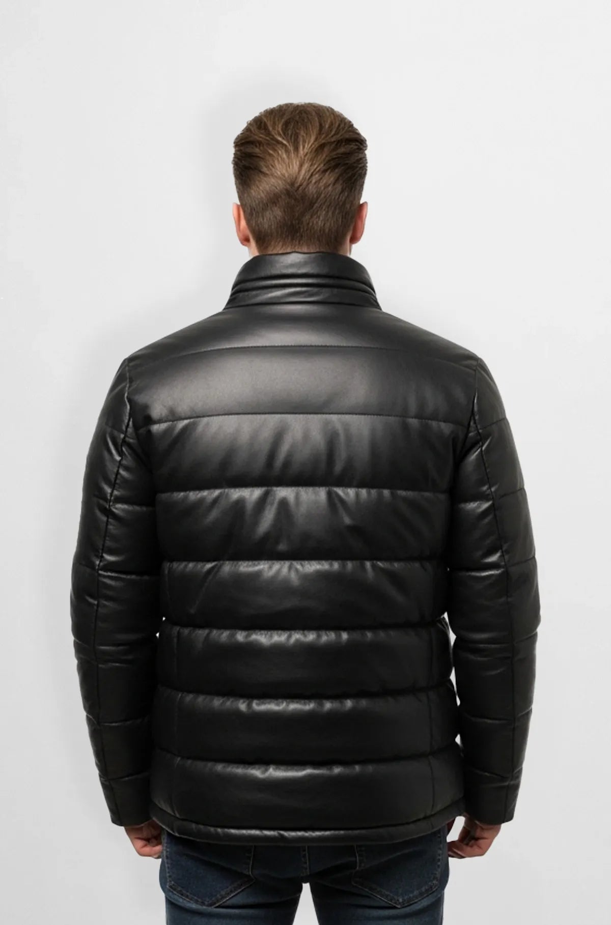 Padded Black Leather Jacket with Red Trim