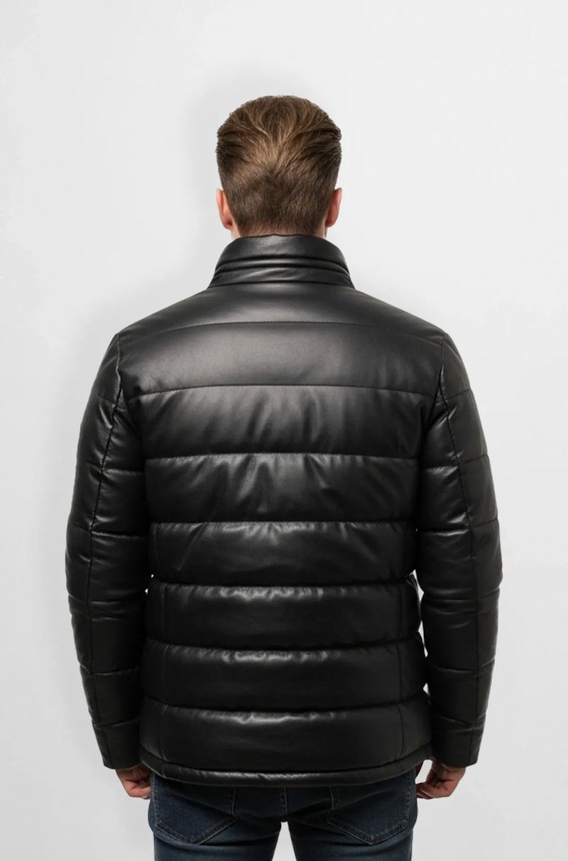 Padded Black Leather Jacket with Red Trim