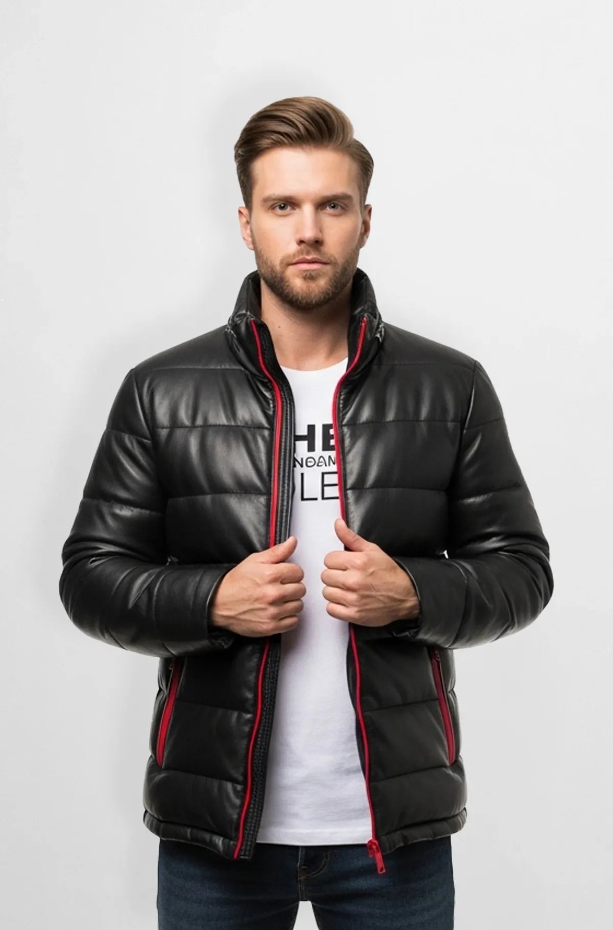 Padded Black Leather Jacket with Red Trim