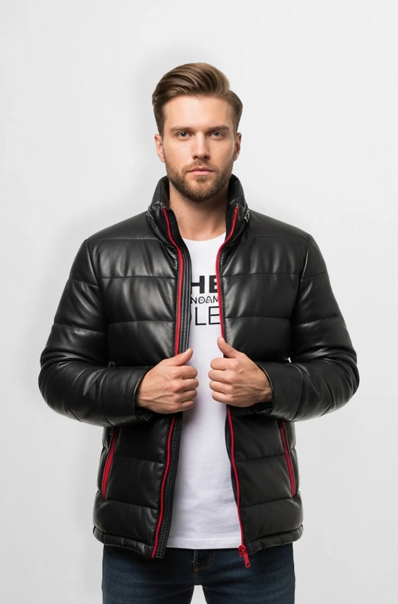 Padded Black Leather Jacket with Red Trim