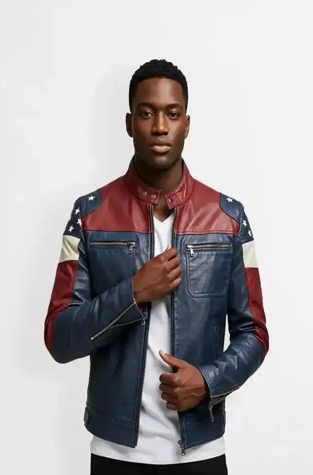 Patriotic Leather Racer Jacket Front view