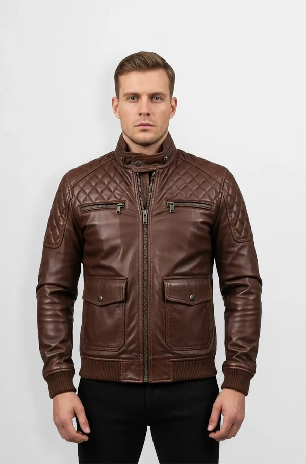 Peanut Brown Quilted Leather Jacket