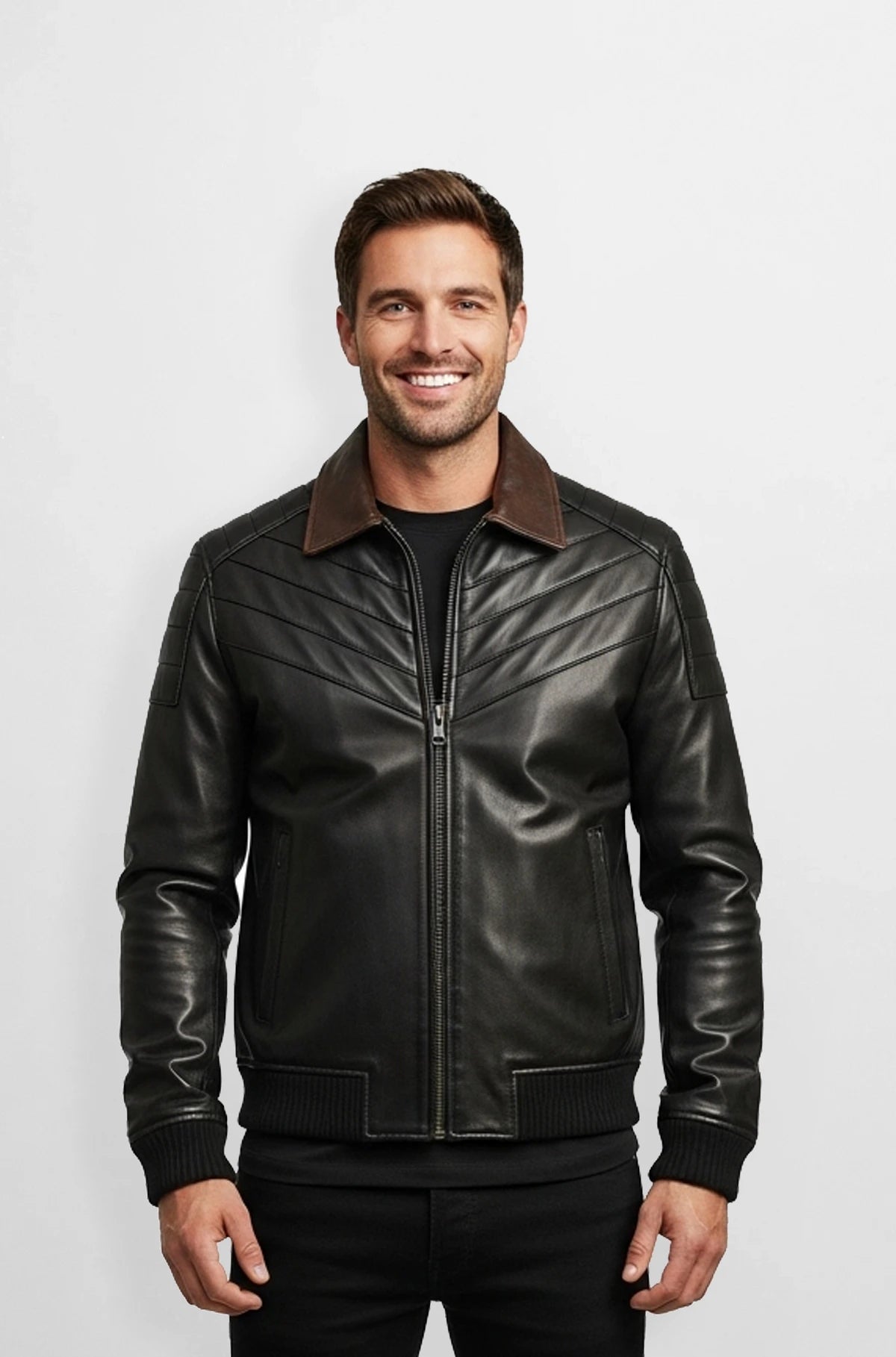 Pearl Black Leather Bomber Jacket for Men