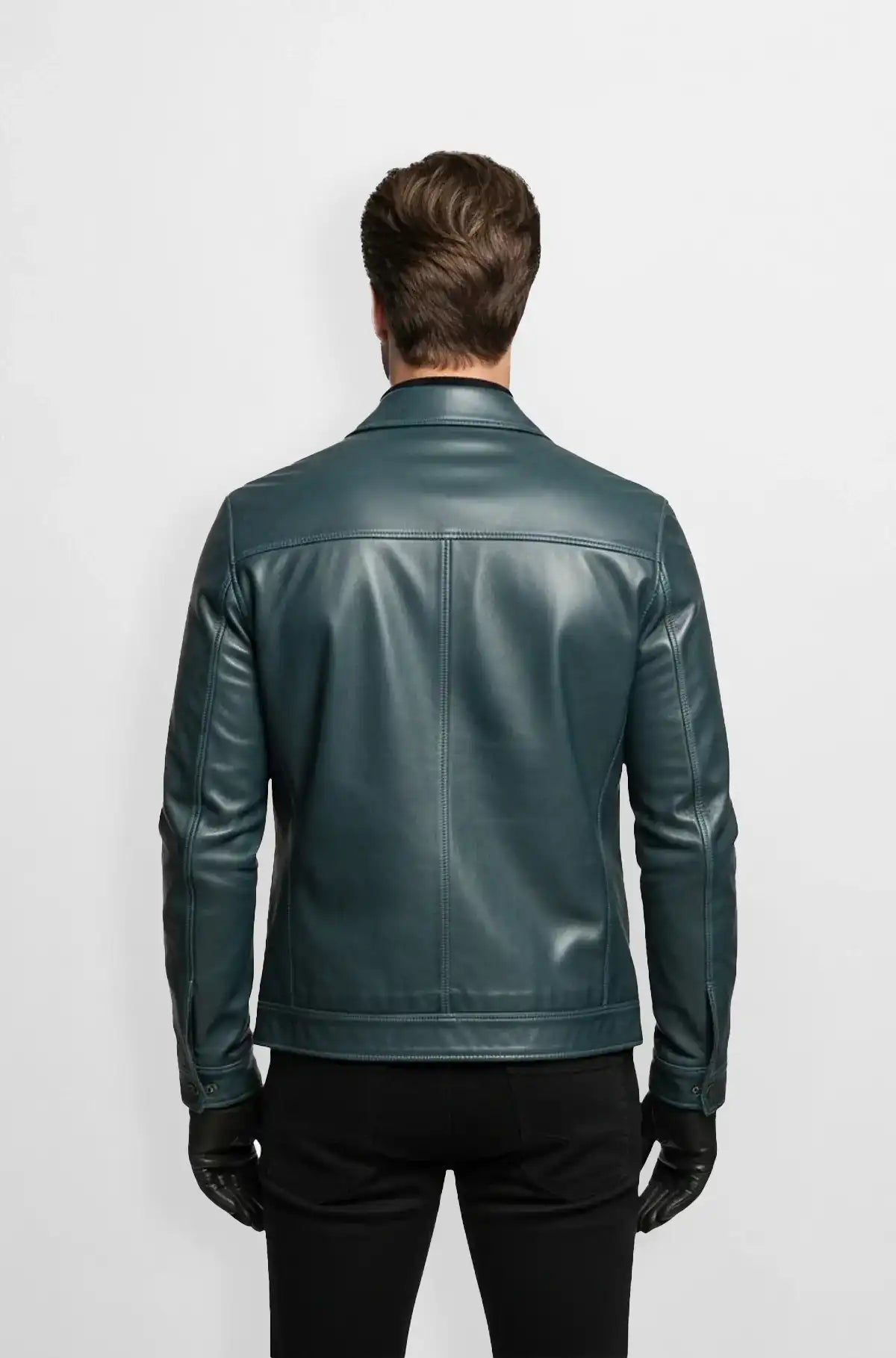 Petrol Blue Leather Bomber Jacket Back view