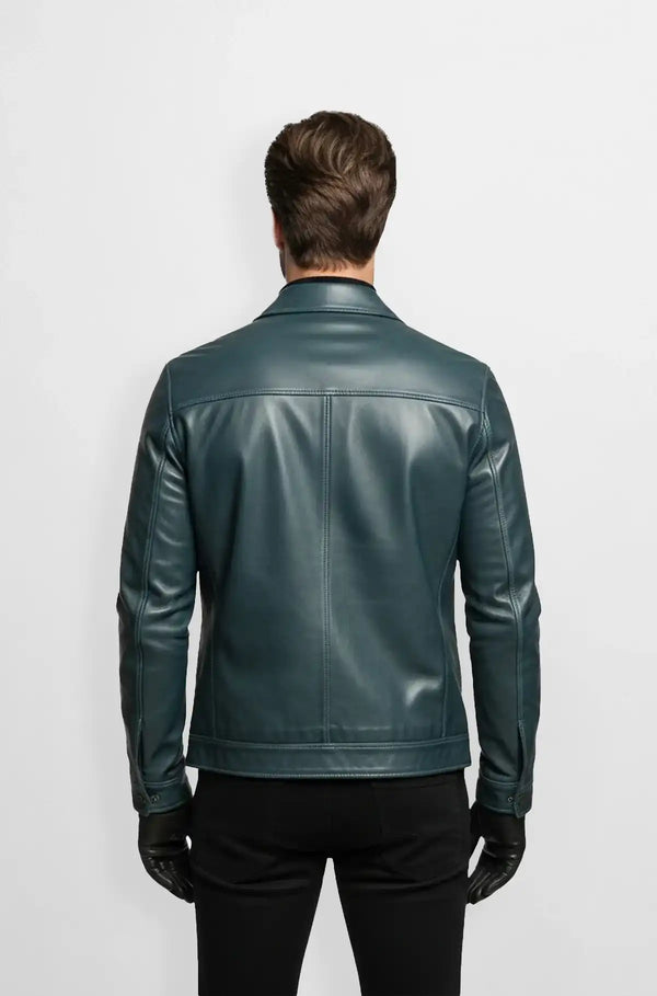 Petrol Blue Leather Bomber Jacket Back view