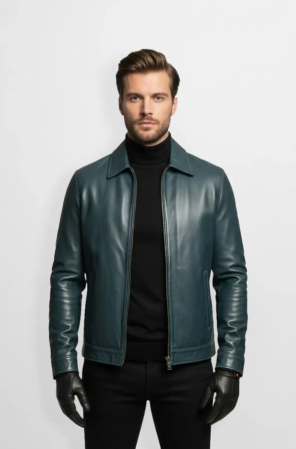 Petrol Blue Leather Bomber Jacket Front view