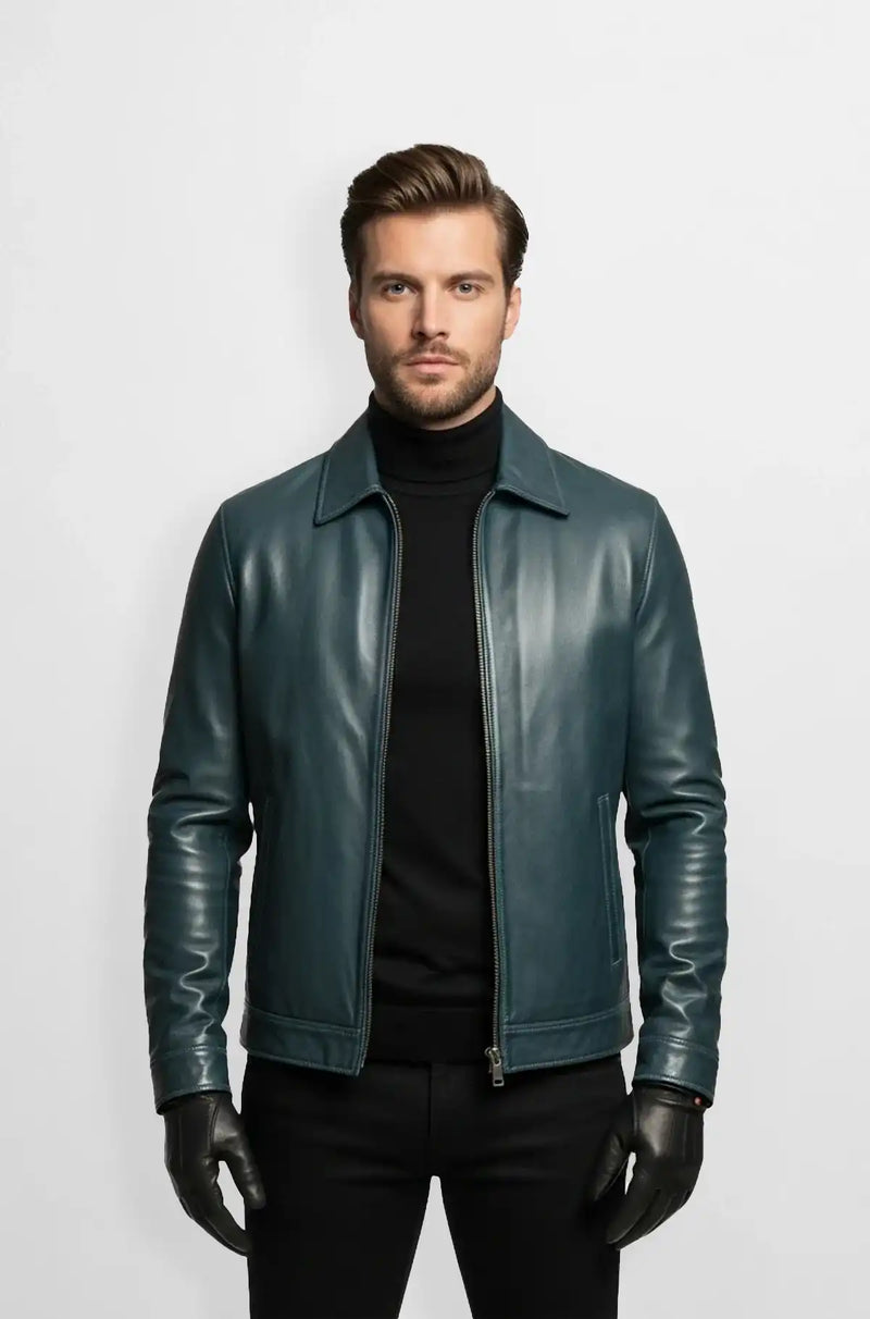 Petrol Blue Leather Bomber Jacket Front view