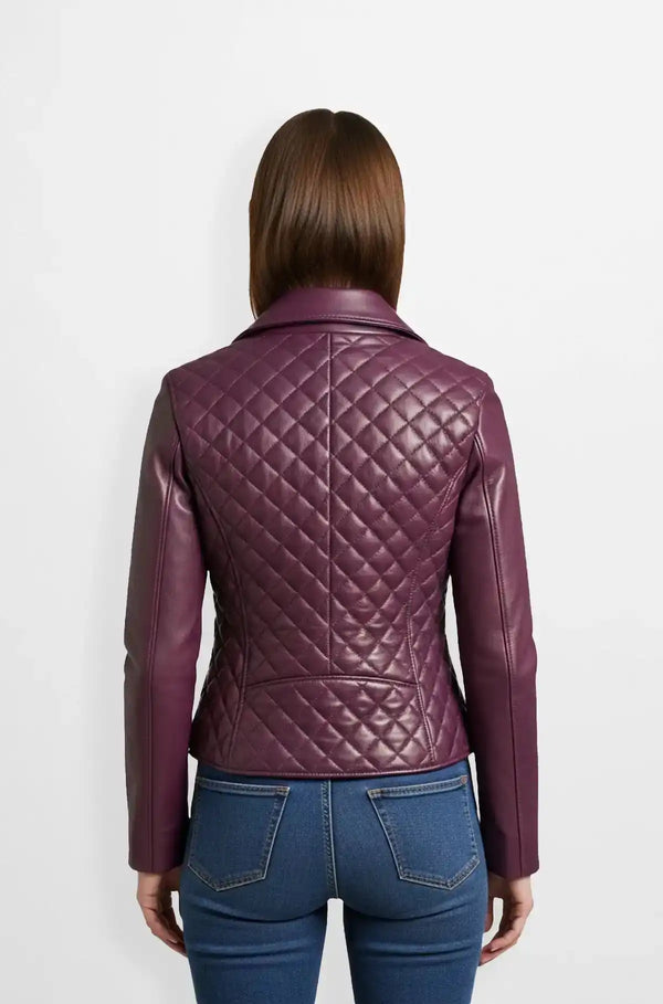 Plum Quilted Rebel Biker Leather Jacket Back Usa