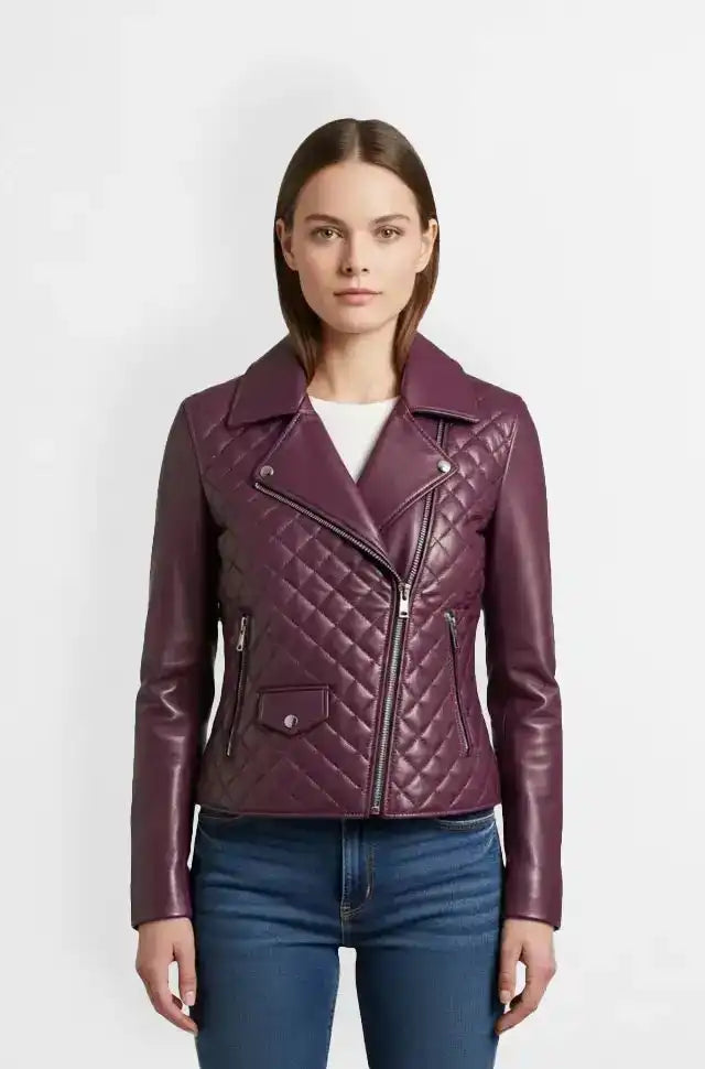 Plum Quilted Rebel Biker Leather Jacket Front Usa