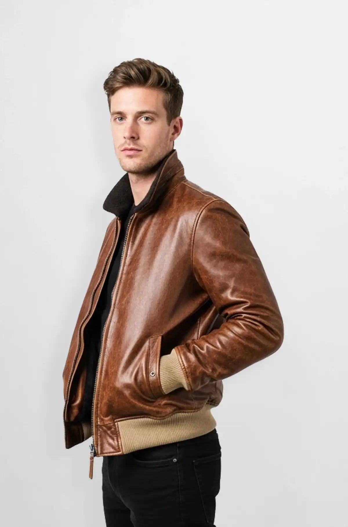 Premium Brown Leather Varsity Bomber Jacket