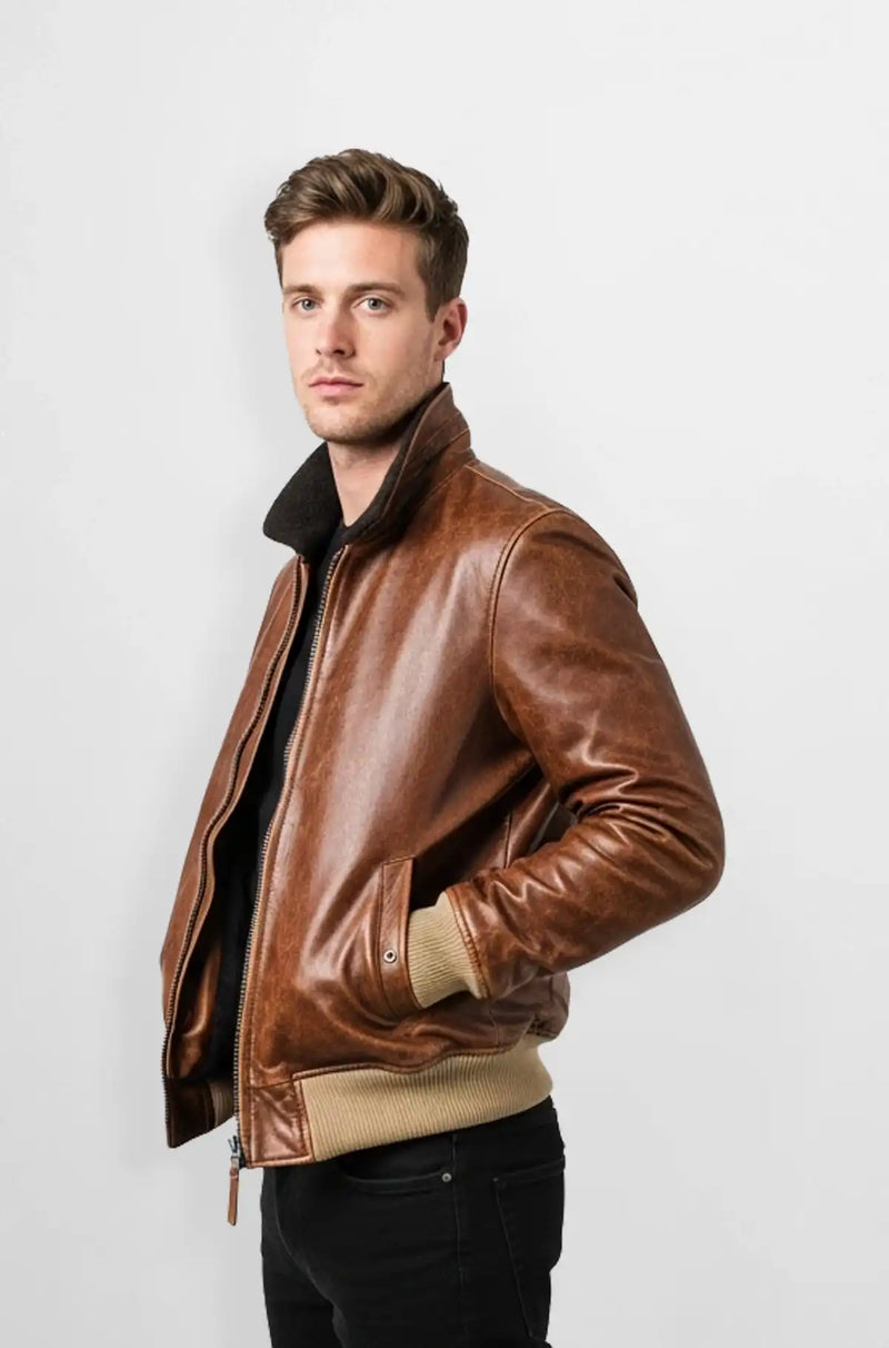 Premium Brown Leather Varsity Bomber Jacket