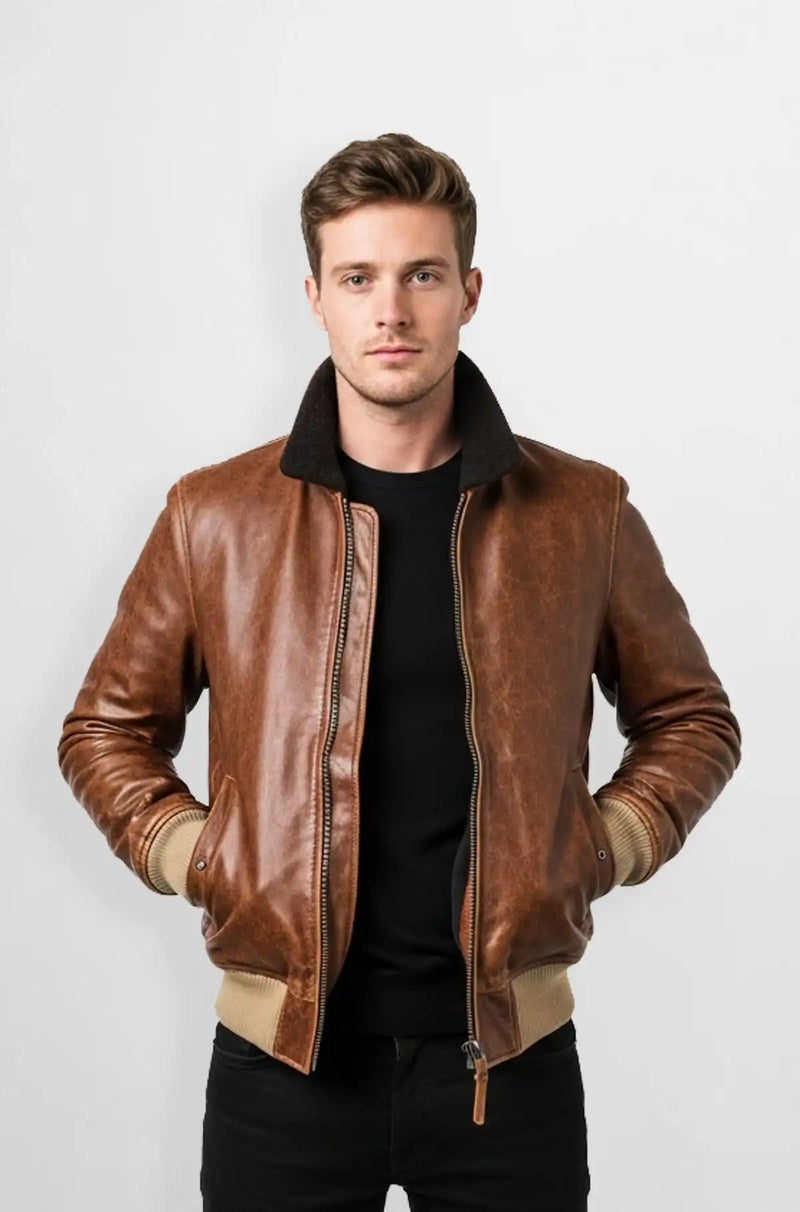 Premium Brown Leather Varsity Bomber Jacket