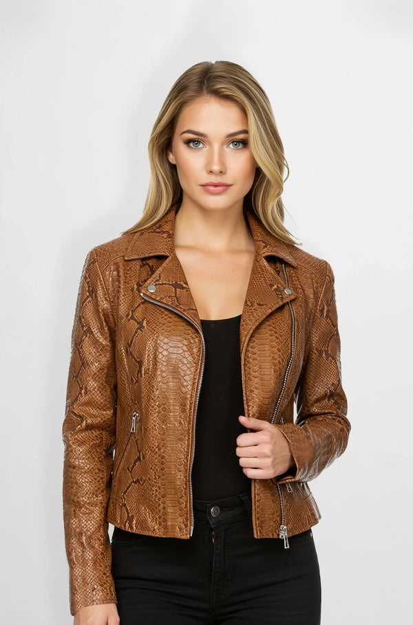 Cider brown snakeskin leather jacket for women front view