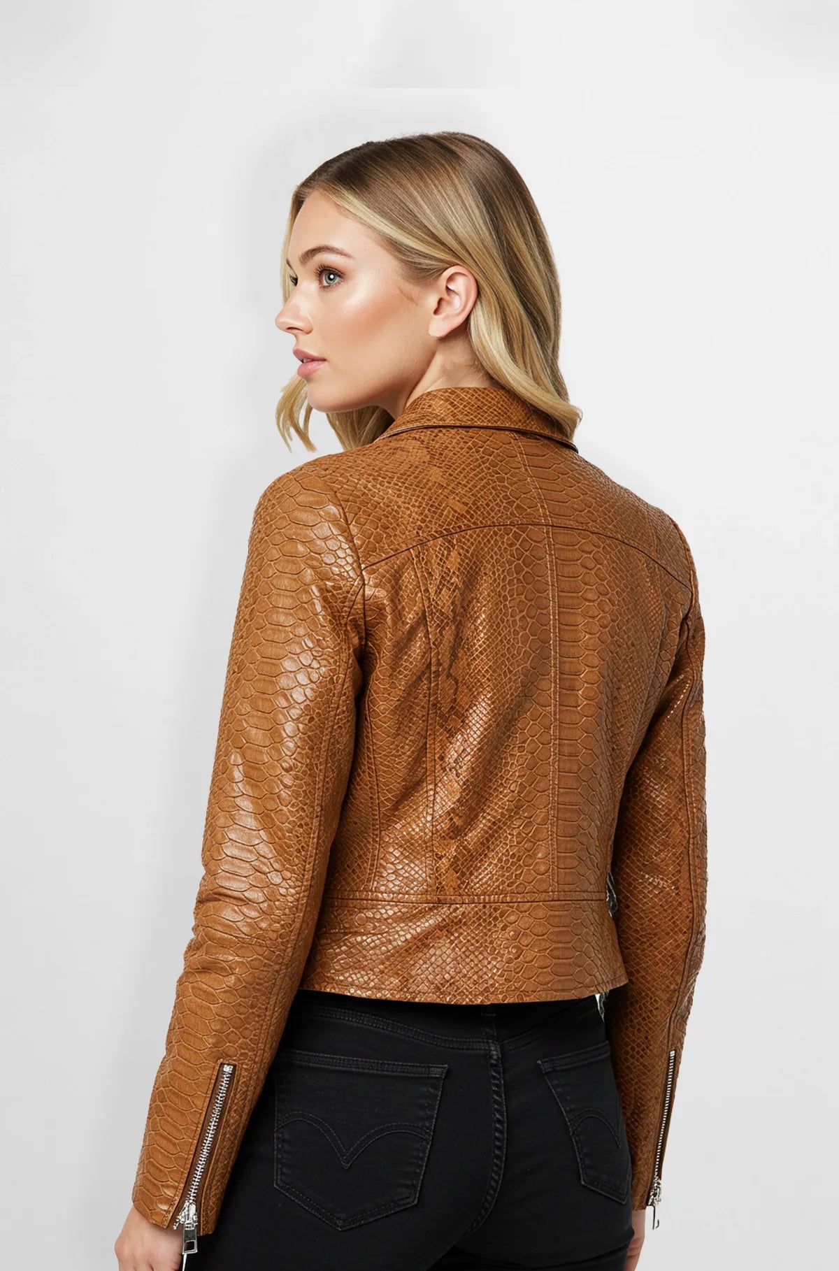 Cider brown snakeskin leather jacket for women back view