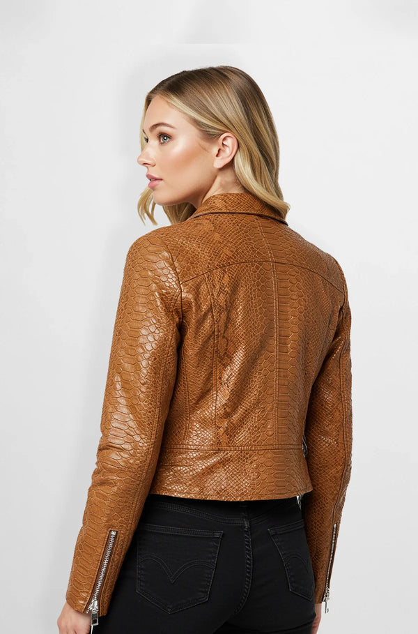 Cider brown snakeskin leather jacket for women back view