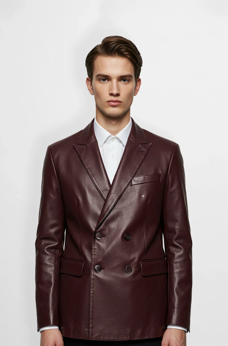 Premium Burgundy Double-Breasted Leather Jacket front view